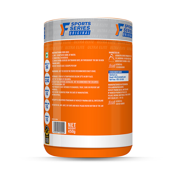 Fast&Up BCAA 2:1:1 For Pre/Intra/Post Workout With Arginine, Glutamine And Muscle Activation Boosters - 450 Gms - Orange Flavour