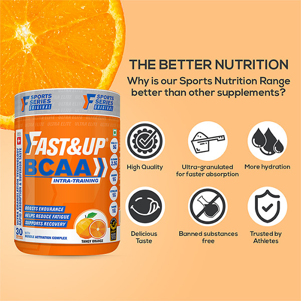 Fast&Up BCAA 2:1:1 For Pre/Intra/Post Workout With Arginine, Glutamine And Muscle Activation Boosters - 450 Gms - Orange Flavour
