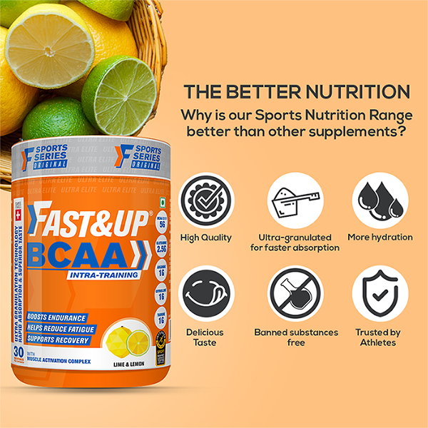 Fast&Up BCAA 2:1:1 For Pre/Intra/Post Workout With Arginine, Glutamine And Muscle Activation Boosters - 450 Gms - Lime&Lemon Flavour