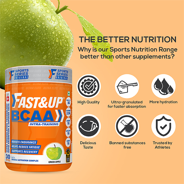 Fast&Up BCAA 2:1:1 For Pre/Intra/Post Workout With Arginine, Glutamine And Muscle Activation Boosters - 450 Gms - Green Apple Flavour