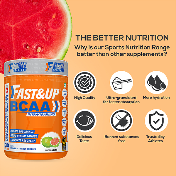 Fast&Up BCAA 2:1:1 For Pre/Intra/Post Workout With Arginine, Glutamine And Muscle Activation Boosters - 450 Gms - Watermelon Flavour