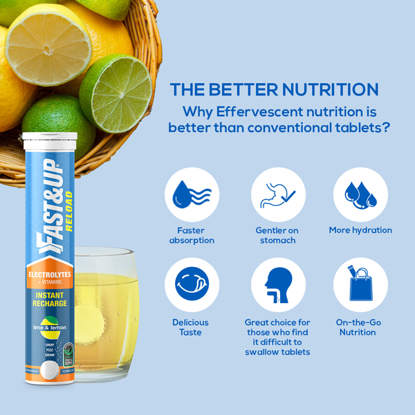 Fast&Up Reload Electrolytes Energy & Instant Hydration Sports Drink - 20 Effervescent Tablets - Lime&Lemon Flavour