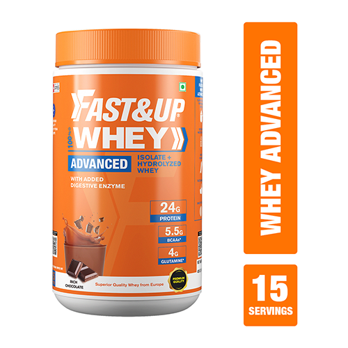 Fast&Up 100% Whey Isolate & Hydrolysate Whey Protein (Rich Chocolate, 15 Servings) - 24g Protein, 5.