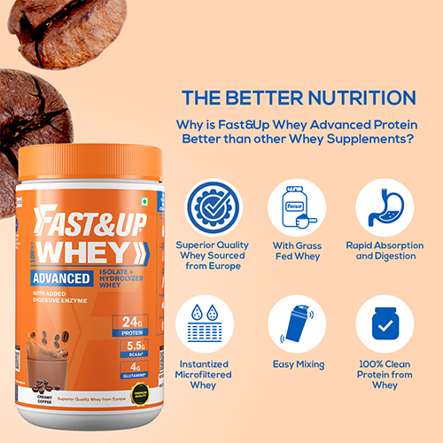 Fast&Up 100% Whey Isolate & Hydrolysate Whey Protein (Creamy Coffee, 15 Servings) - 24g Protein, 5.5