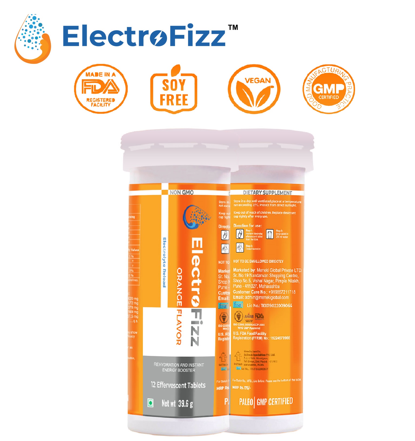 ElectroFizz Electrolyte Energy Drink For Workout -24 Effervescent Tablets (Pack Of 2 Tubes) (Orange)
