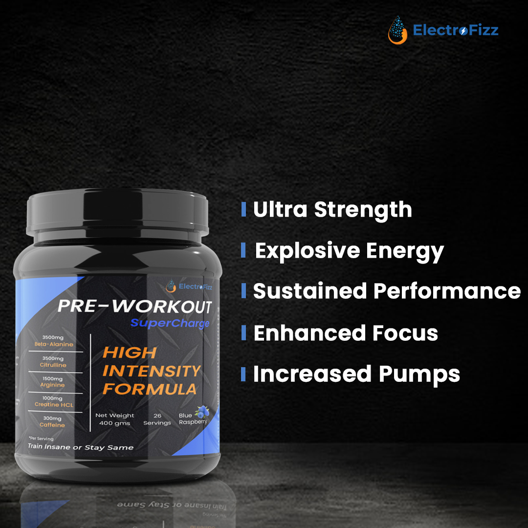 ElectroFizz Pre-Workout SuperCharge For Energy,Power & Laser Focus-26 Scoops (400 Gm) Blue Raspberry
