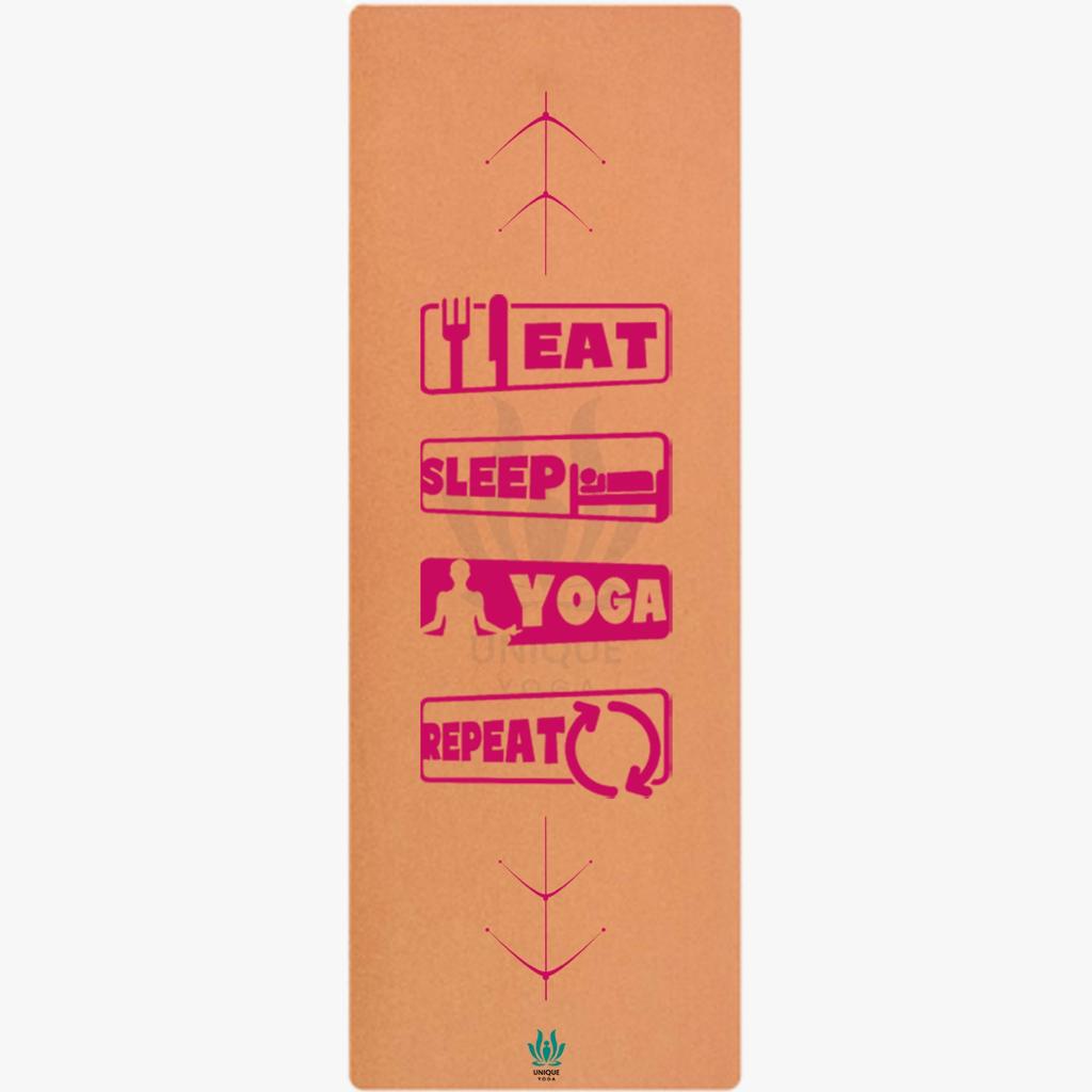 Cork Yoga Mats-Printed Text-'Eat Sleep Yoga Repeat' - Latex Base Grip-Pink