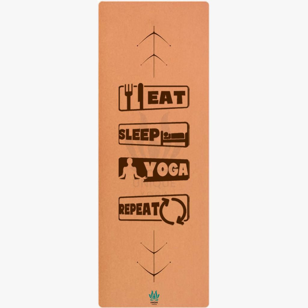 Cork Yoga Mats-Printed Text-'Eat Sleep Yoga Repeat' - Eva Base Grip 2MM-Brown