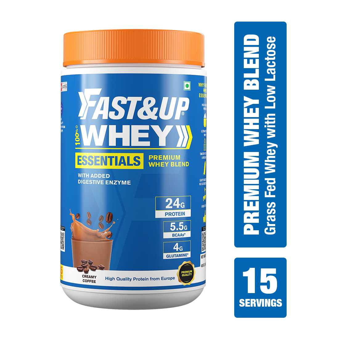 Fast&Up Whey Essentials 1.058 Lb Creamy Coffee Flavour, Grass Fed Whey Powder From Europe, 24g Clean