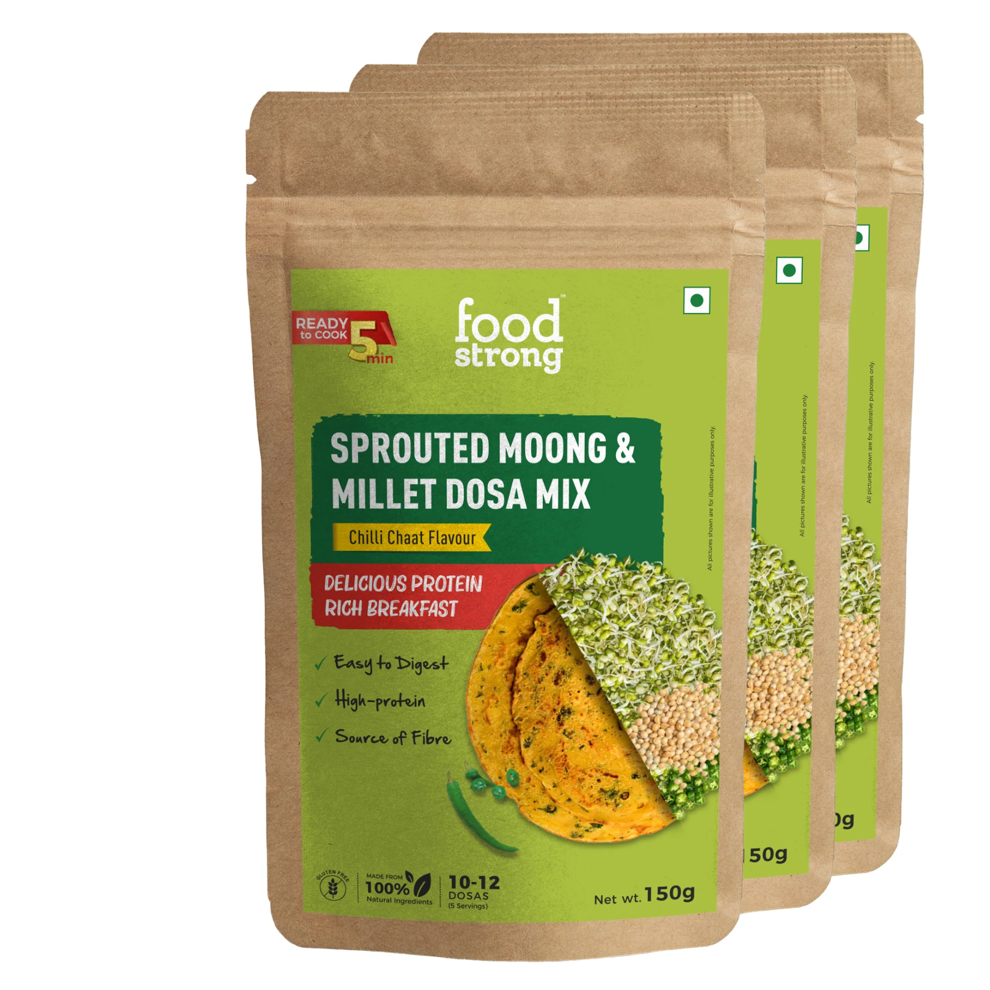Foodstrong Sprouted Moong Dosa Mix | Chilli Chat | 150 X 3 G