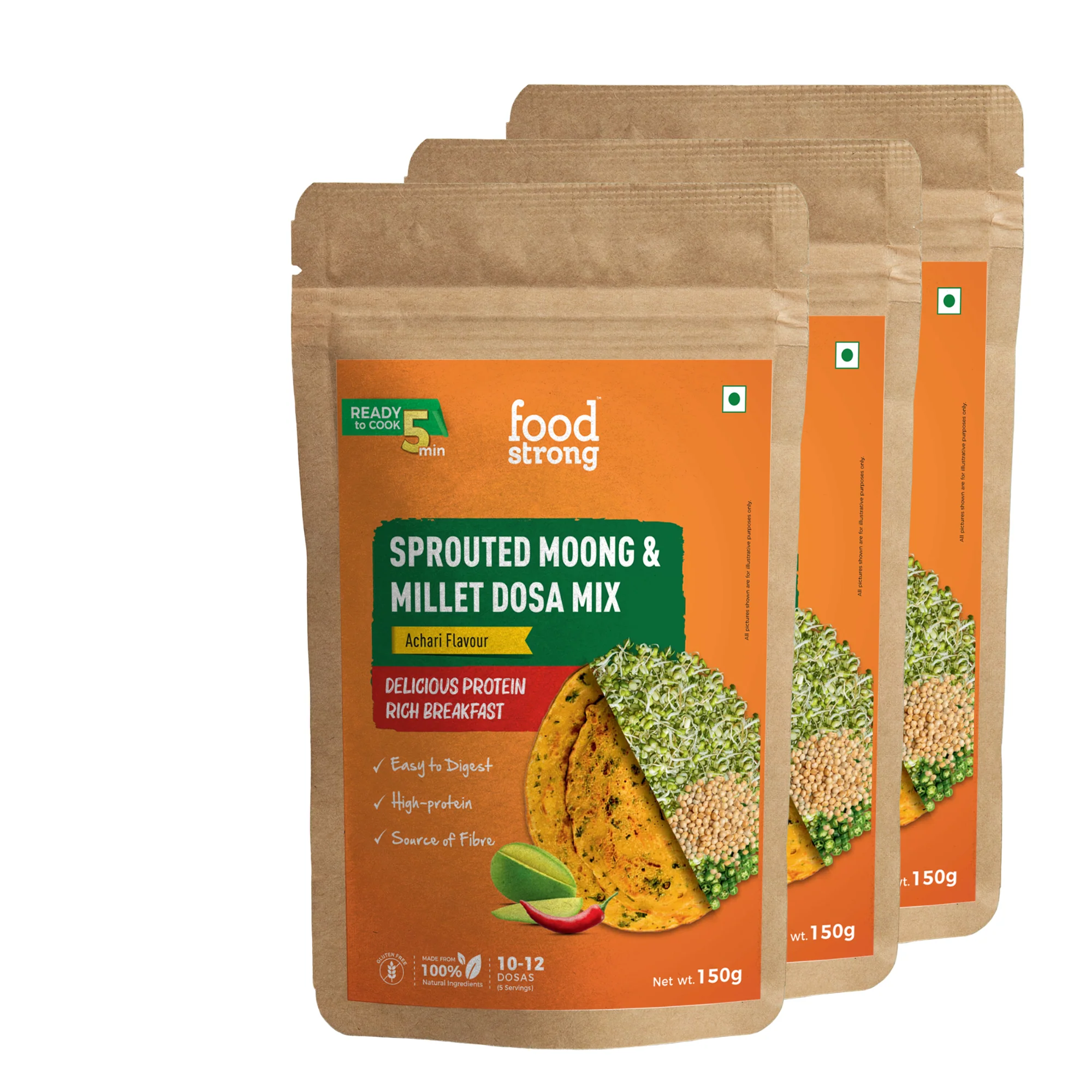 Foodstrong Sprouted Moong Dosa Mix | Achari | 150 X 3 G