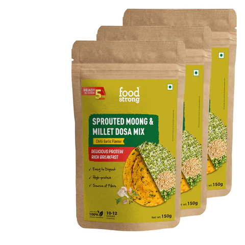 Foodstrong Sprouted Moong Dosa Mix | Chilli Garlic | 150 X 3 G