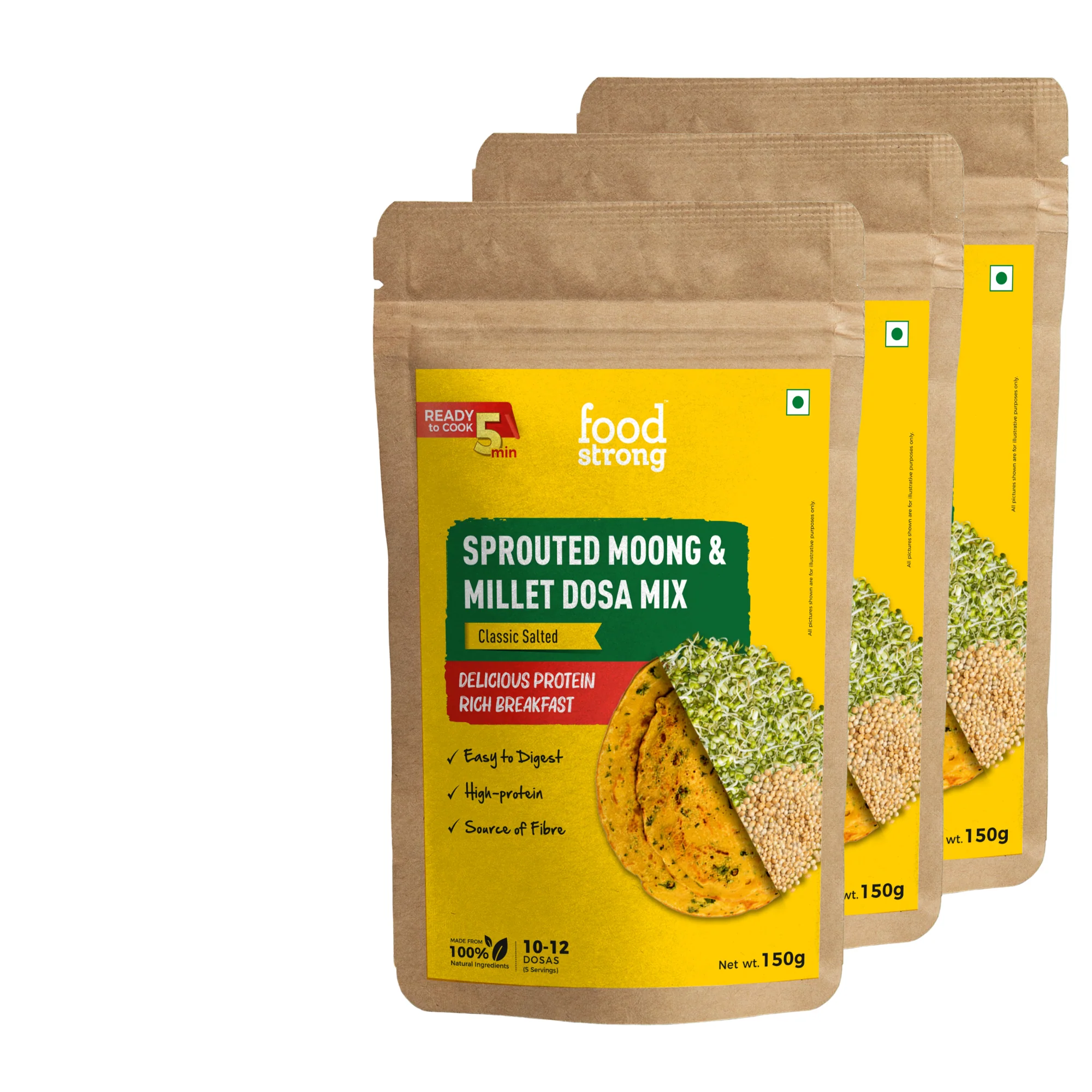Foodstrong Sprouted Moong Dosa Mix | Classic Salted | 150 X 3 G