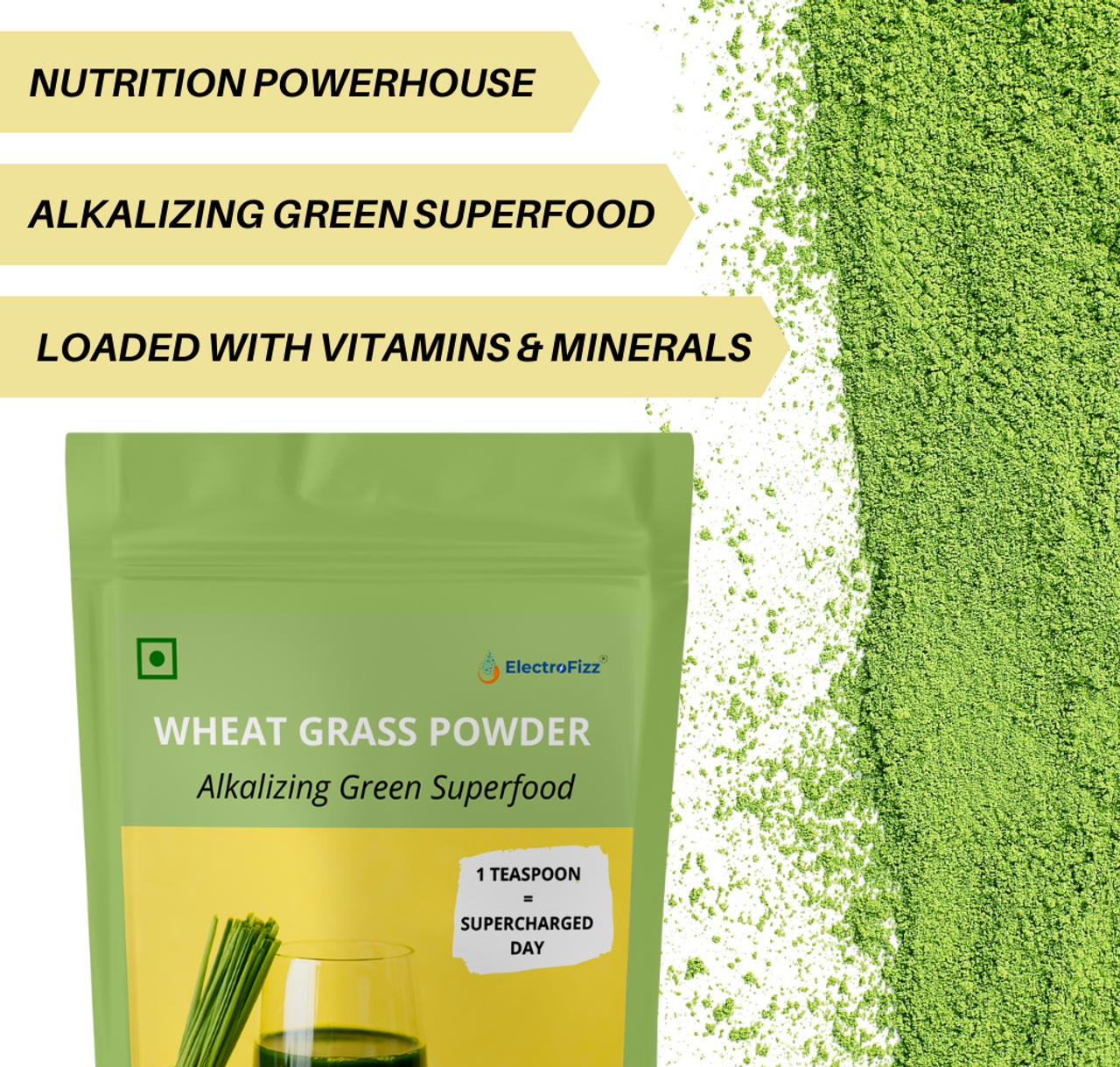 ElectroFizz Pure Wheat Grass Powder Superfood, Detox,Vegan-150 Gms Pouch