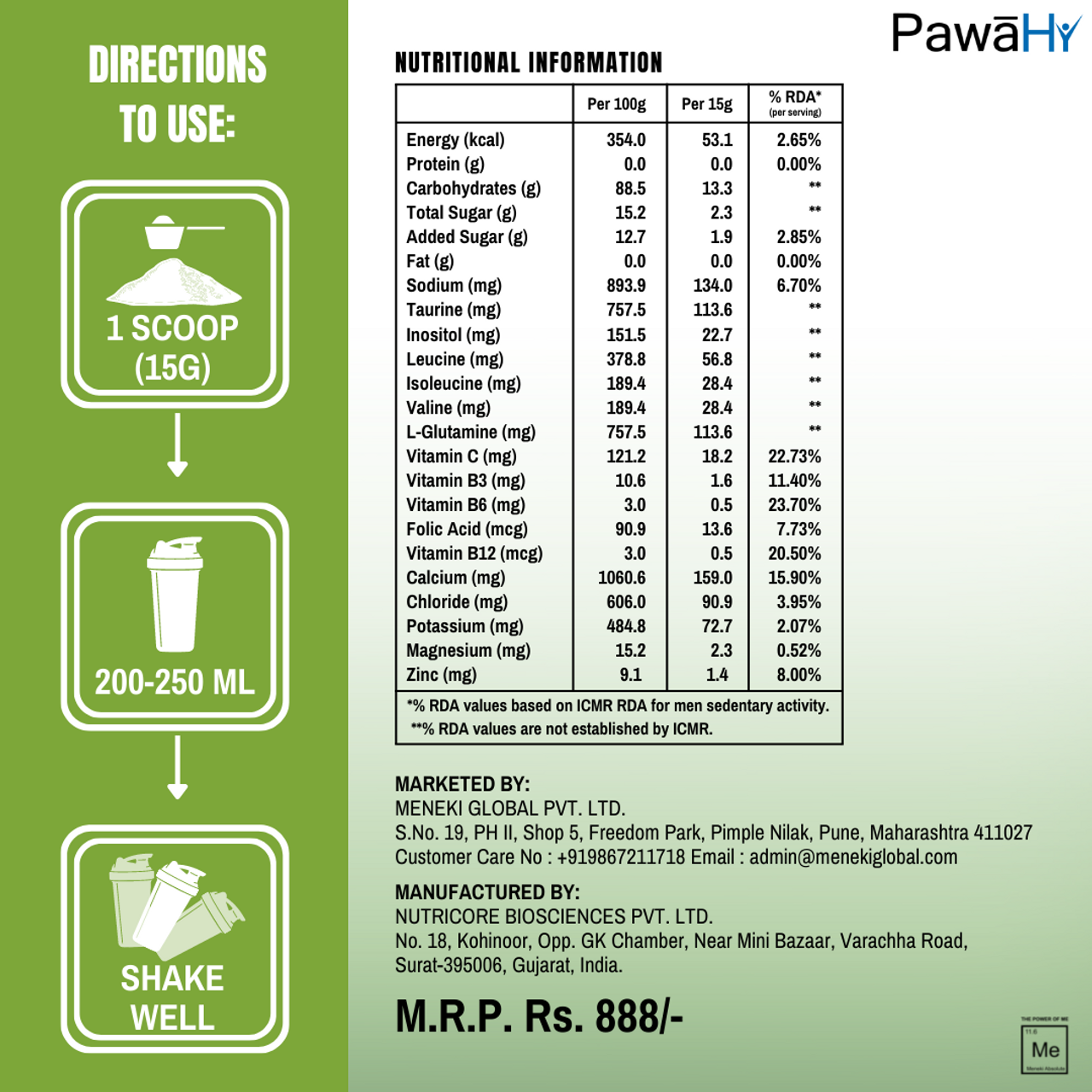 PawaHy Isotonic Workout Electrolyte Energy Drink With 2:1:1 BCAA,L-Glutamine- 1kg -Green Mango