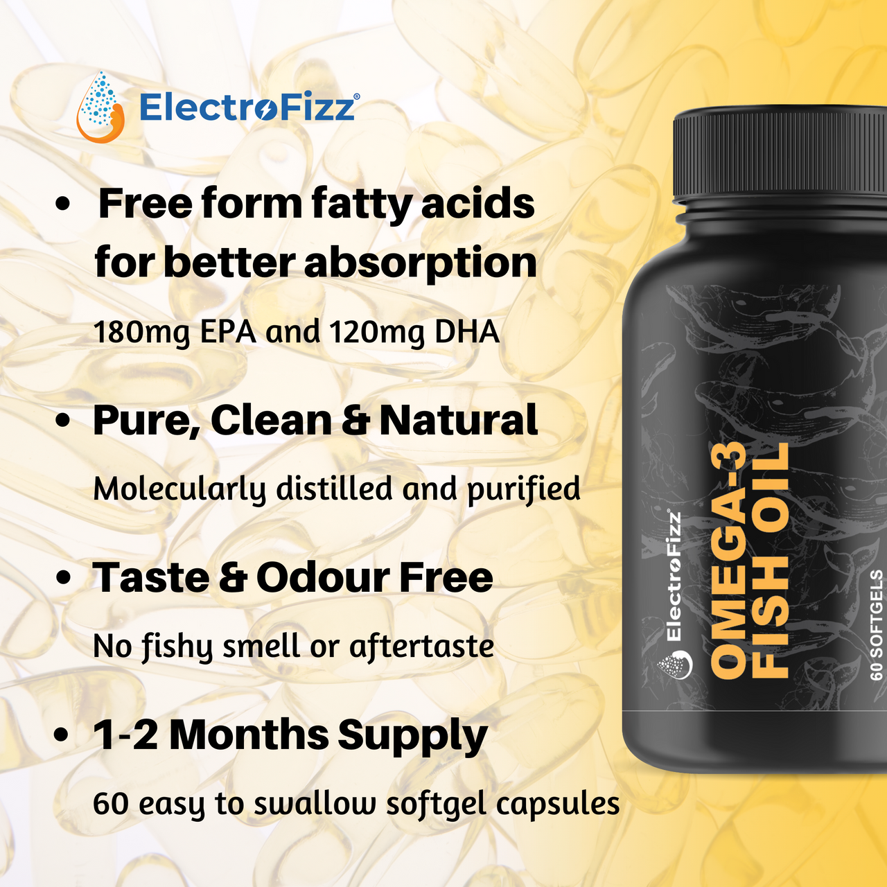 ElectroFizz Premium Fish Oil Capsule(1000mg Omega 3 With 180 Mg EPA) Fish Oil 60 Softgels  
