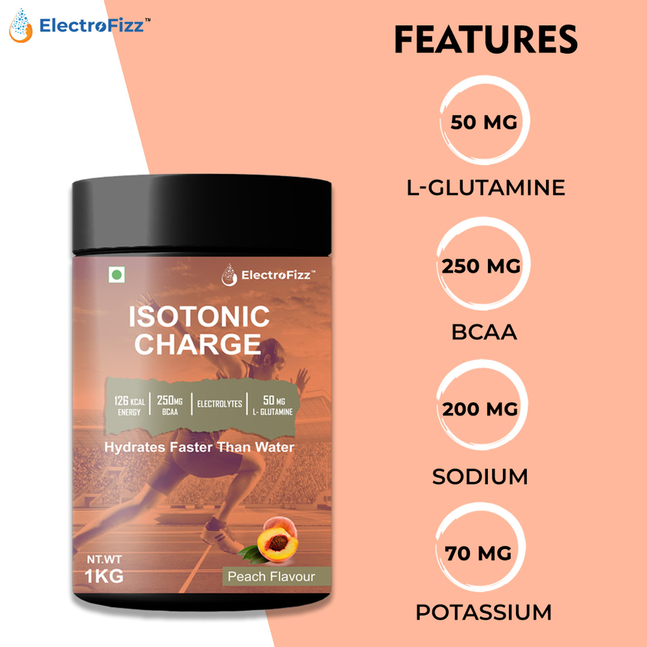 ElectroFizz Isotonic Energy Drink Powder For Endurance Sports & Fitness Activities, 1 Kg Peach