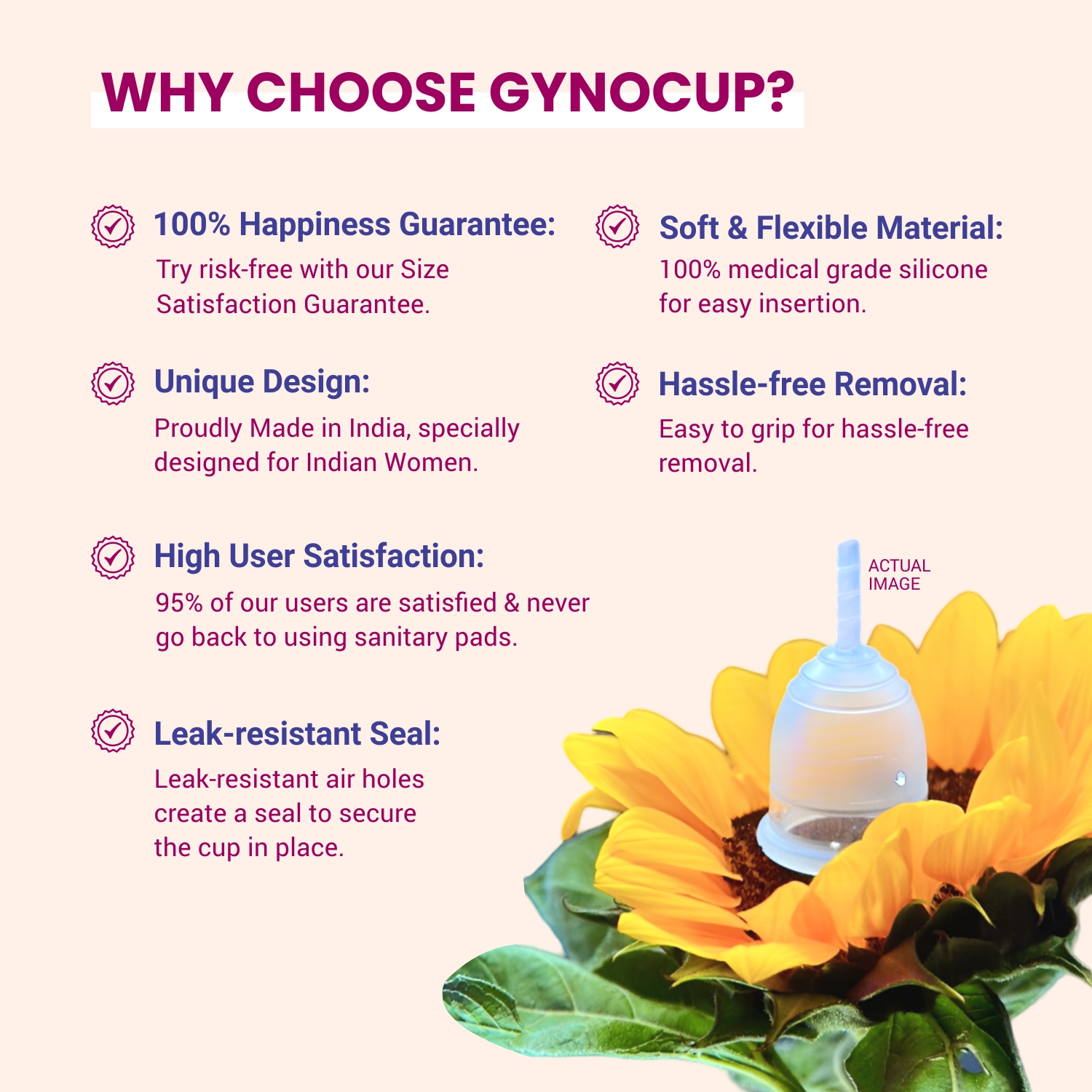GynoCup Reusable Menstrual Cup For Women Safe, Easy-to-Use & Comfortable, No Leakage, Protection