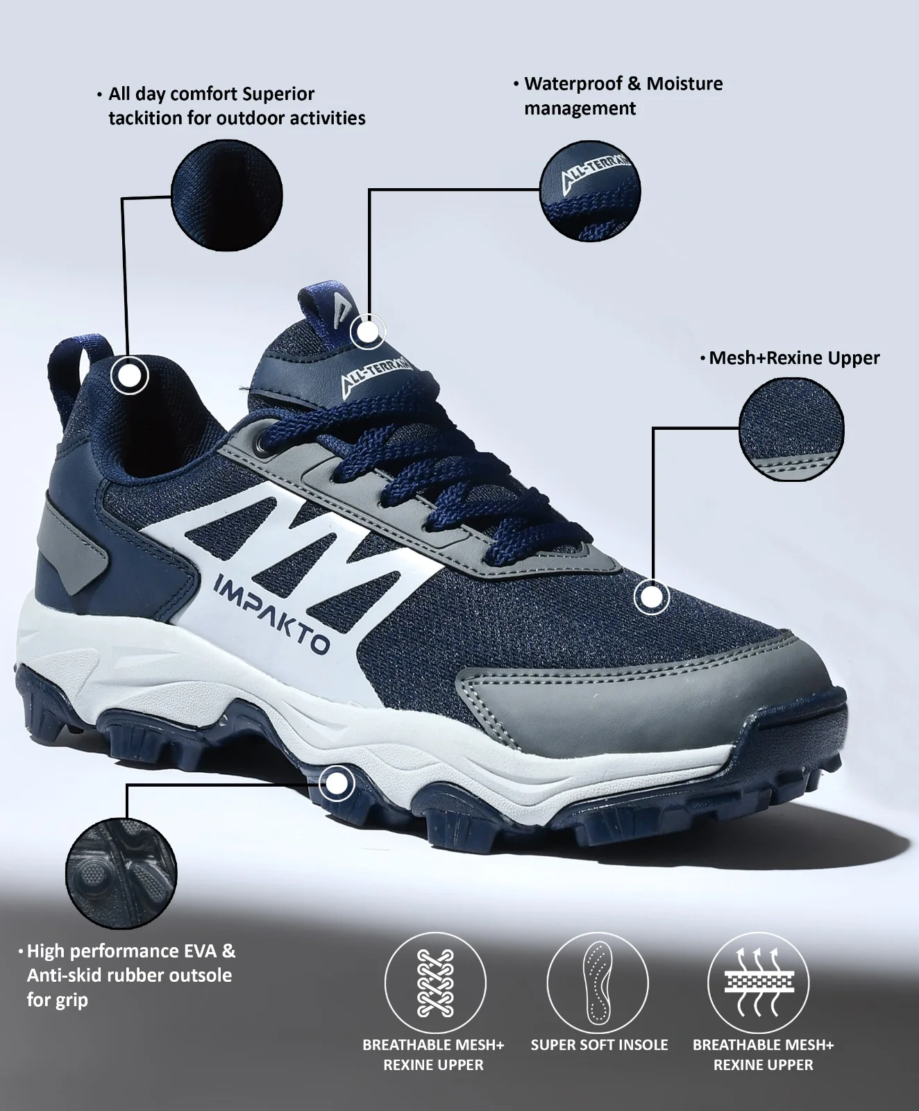 Impakto EdgeRunner Trekking & Hiking Shoes (Navy Blue)
