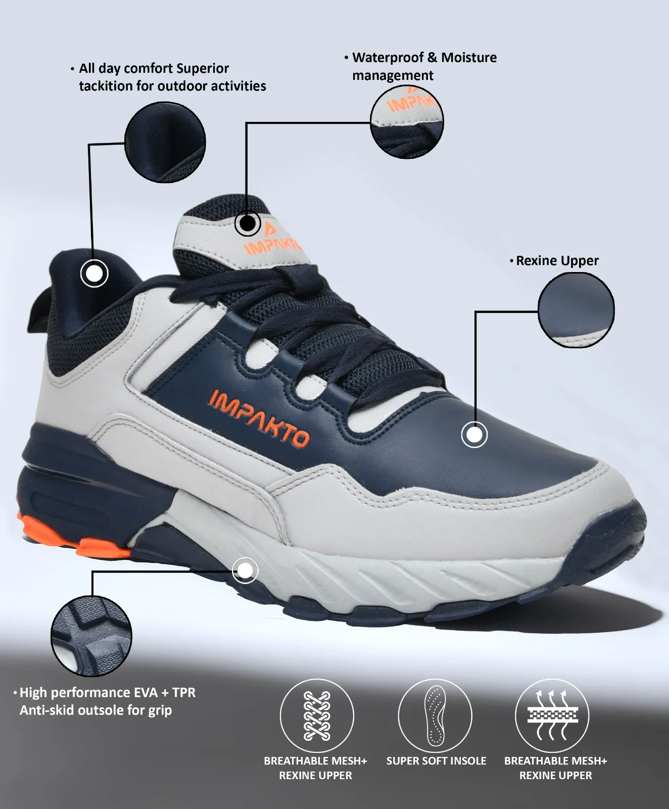 Impakto TerrainMax Trekking & Hiking Shoes (Grey & Navy Blue)